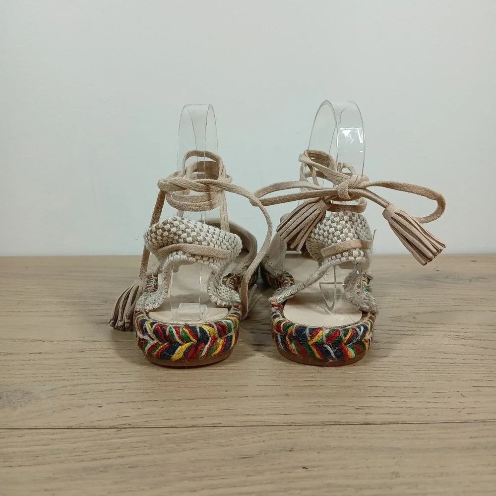 J. Crew Espadrille Women 9 Tan Suede Lace Up Ankle Tie Boho Coastal Summer